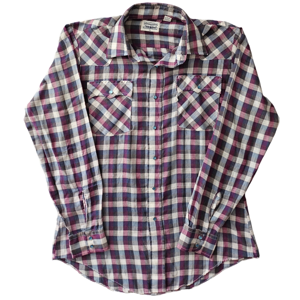 Levi's Strauss Western Pearl Snap Shirt Mens Medium Madras Plaid Long Sleeve